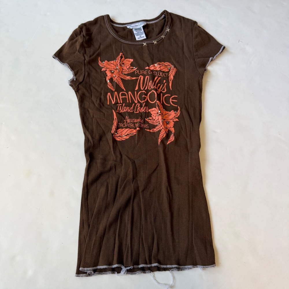 Vintage Y2K Abercrombie & Fitch Beaded Baby Tee Brown Tropical Graphic Ribbed M